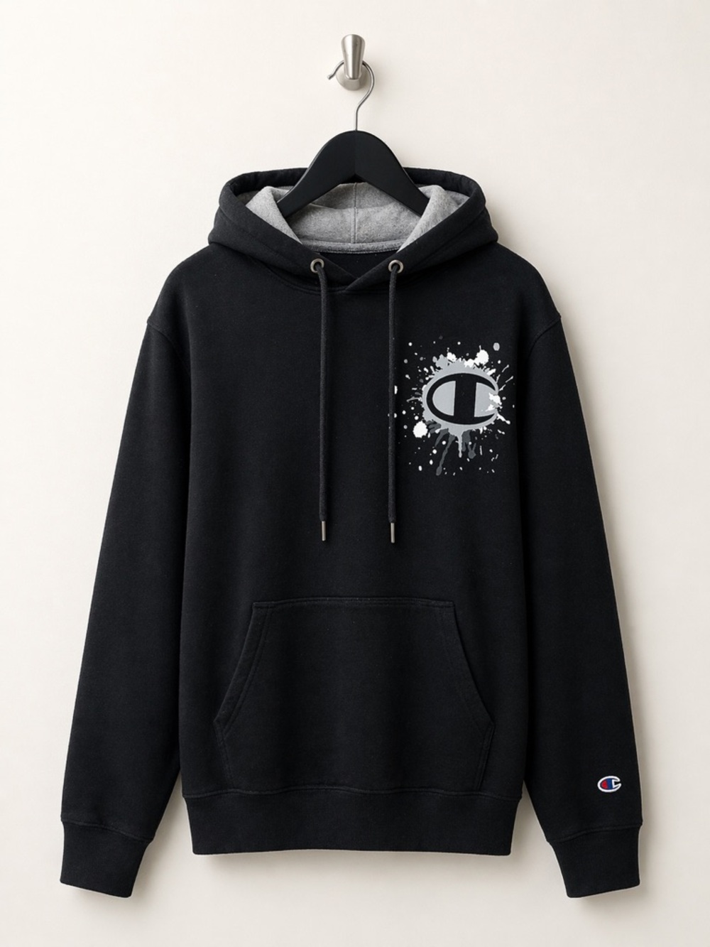 Champion Black Hoodie Paint Splatter Logo Pullover Fleece 2XL Streetwear